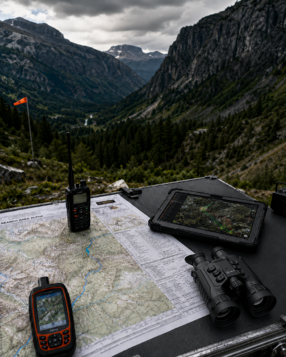 Search-and-rescue incident command post with topographic maps, radio, GPS, tablet, and wilderness terrain