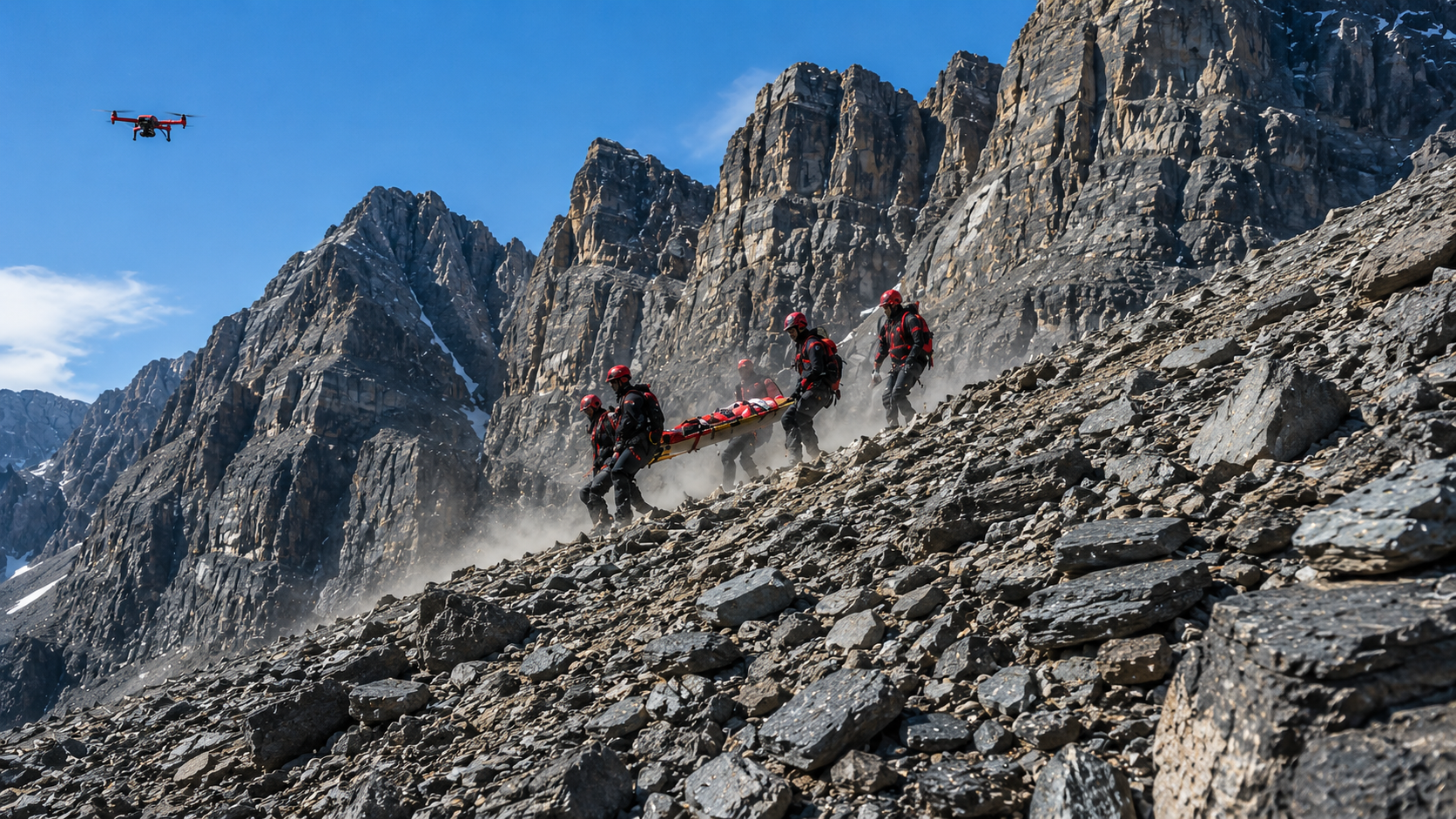Search and rescue team carrying a patient in a litter across steep mountain terrain.