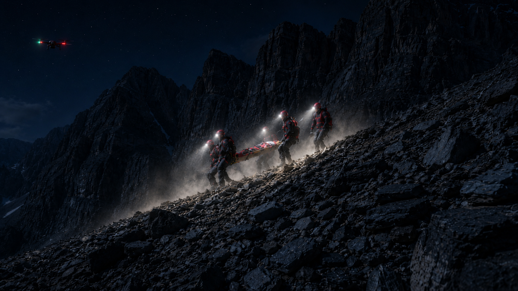 Nighttime search and rescue team performing a litter evacuation with headlamps on rugged mountain terrain.