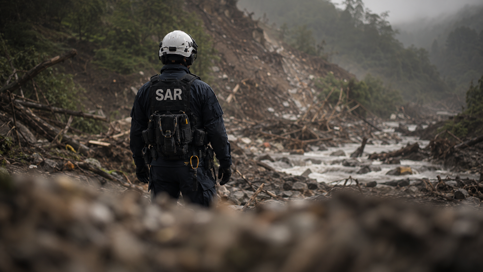 Search-and-rescue responder observing a wilderness disaster area